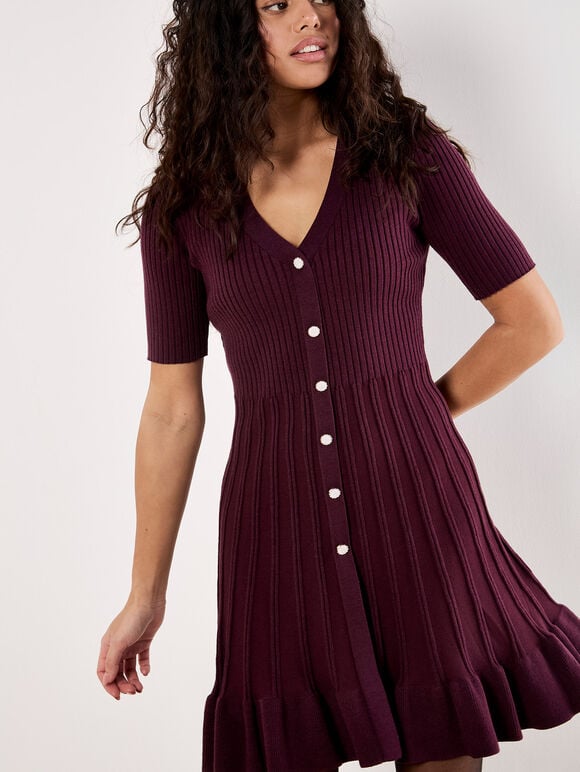 Ribbed Knit Fit And Flare Mini Dress, Burgundy, large