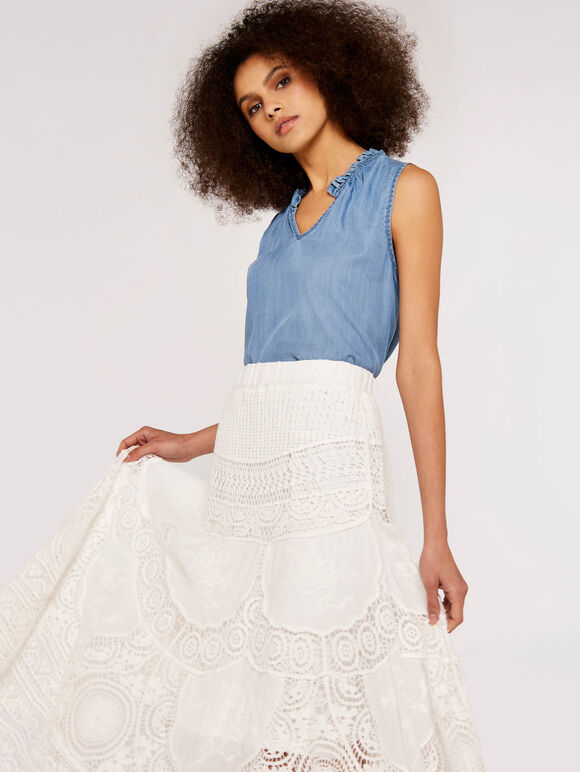 Folk Embroidered Maxi Skirt, White, large