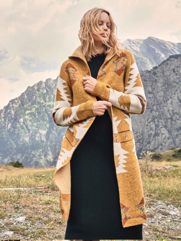 Mustard Aztec Hooded Cardigan, Mustard, large