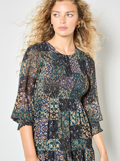 Ikat Patchwork Smocked Chiffon Midi Dress