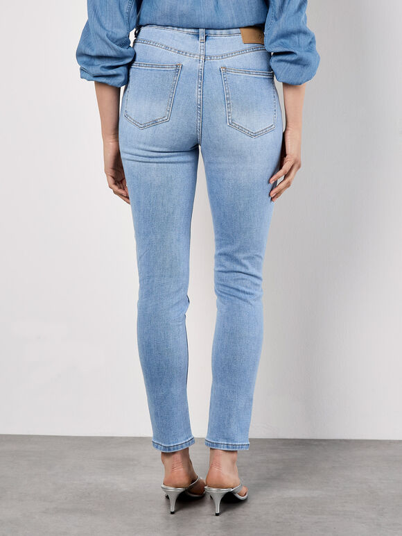 Slim Fit Rhinestone Pearl Jeans, Blue, large