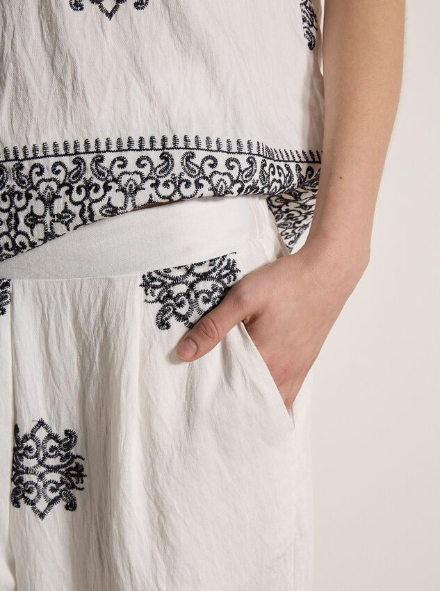 Paisley Embroidered Wide-Leg Trousers, White, large
