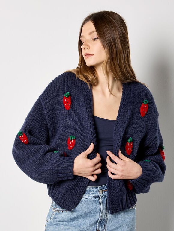 Chunky Knit Strawberry Cardigan, Navy, large