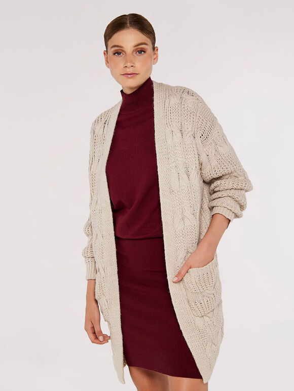 Chunky Cable Knit Cardigan, Stone, large