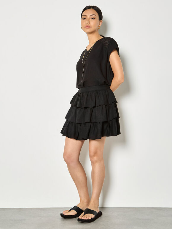 Linen Blend Ruffle Tiered Mini Skirt, Black, large