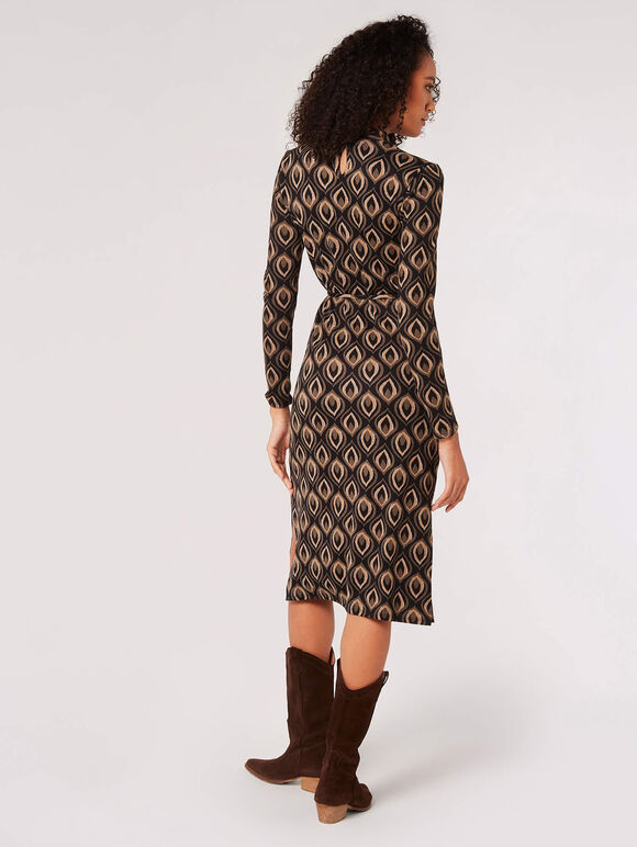 Geometric Leaves Knit Midi Dress, Black, large