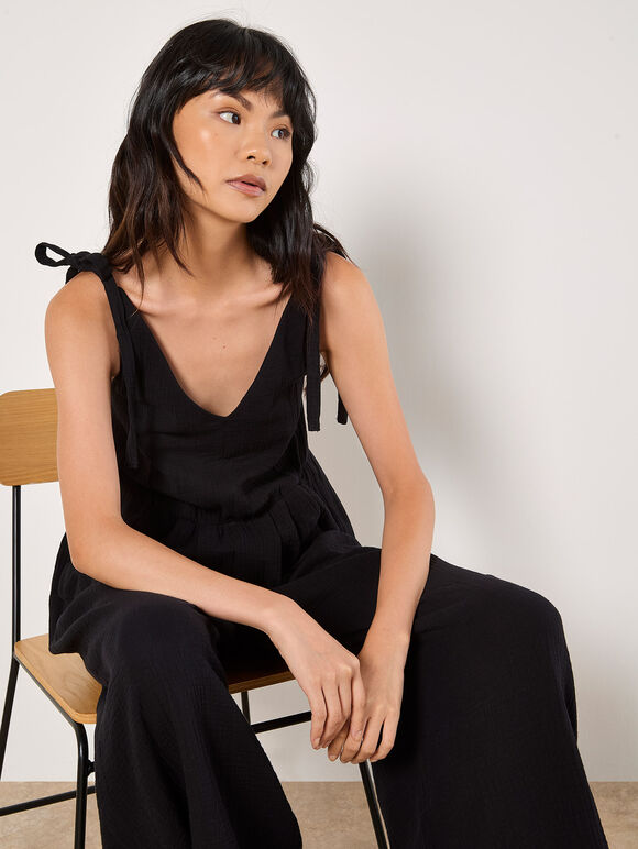 Textured Cotton Wide Leg Jumpsuit, Black, large