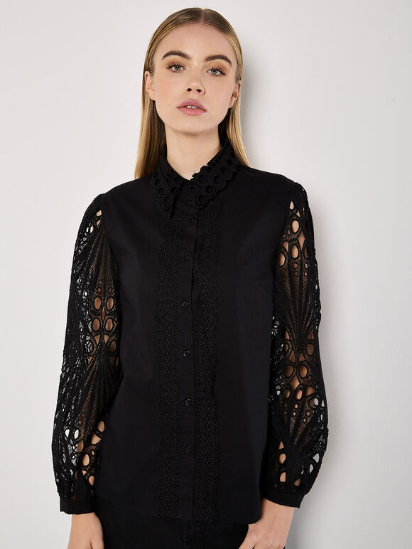 Lace Sleeve Cotton Shirt, Black, large
