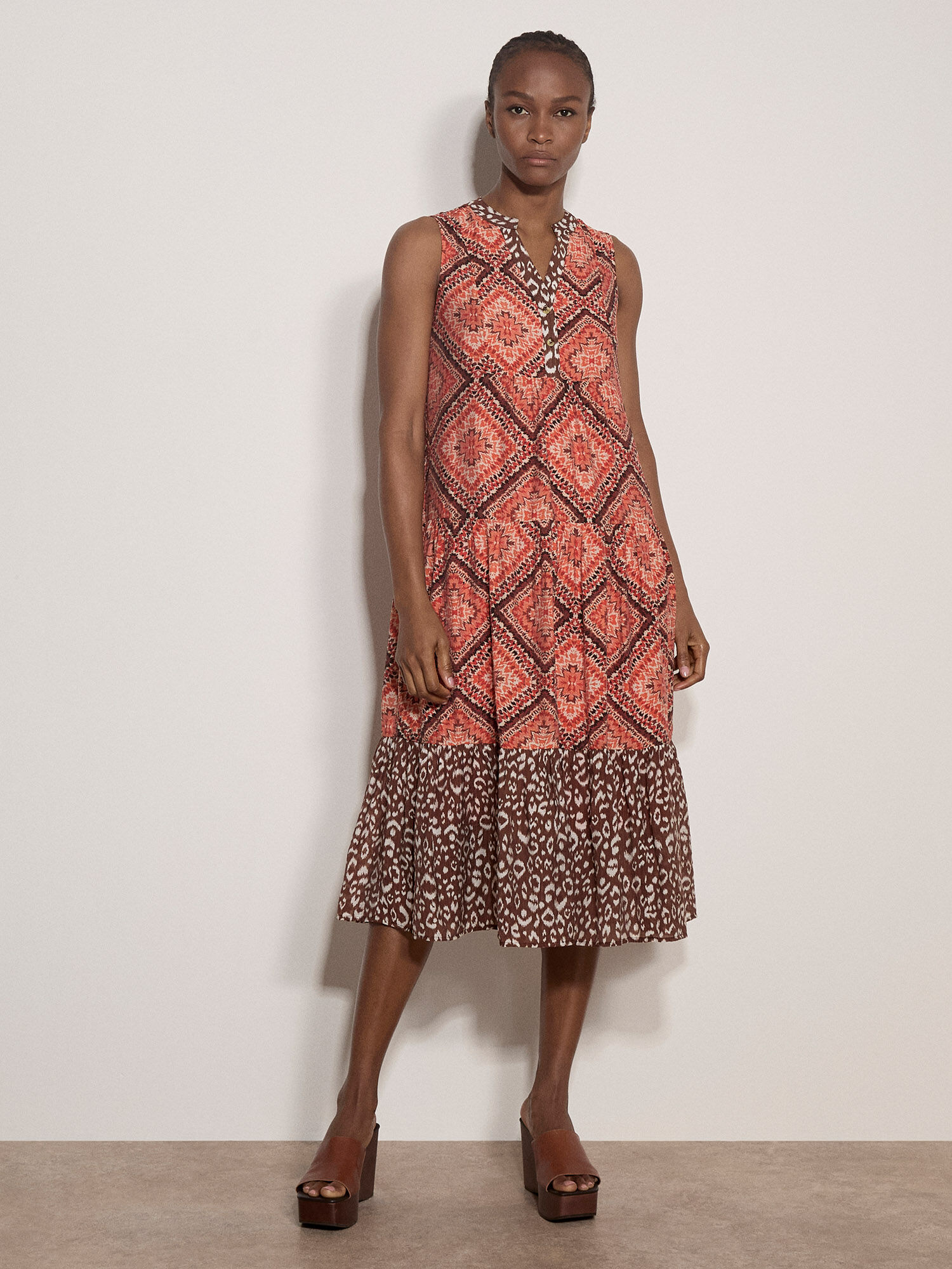 Geometric Patchwork Tiered Midi Dress | Apricot Clothing