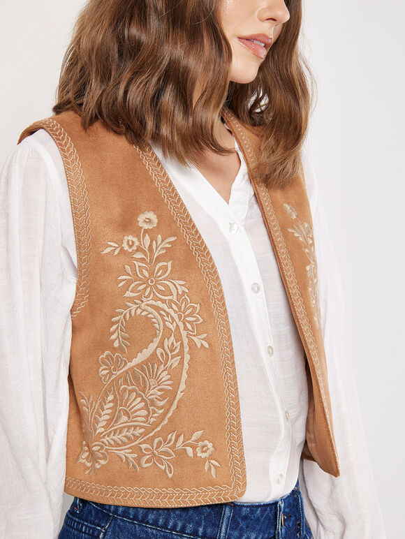 Embroidered Suedette Waistcoat, Brown, large