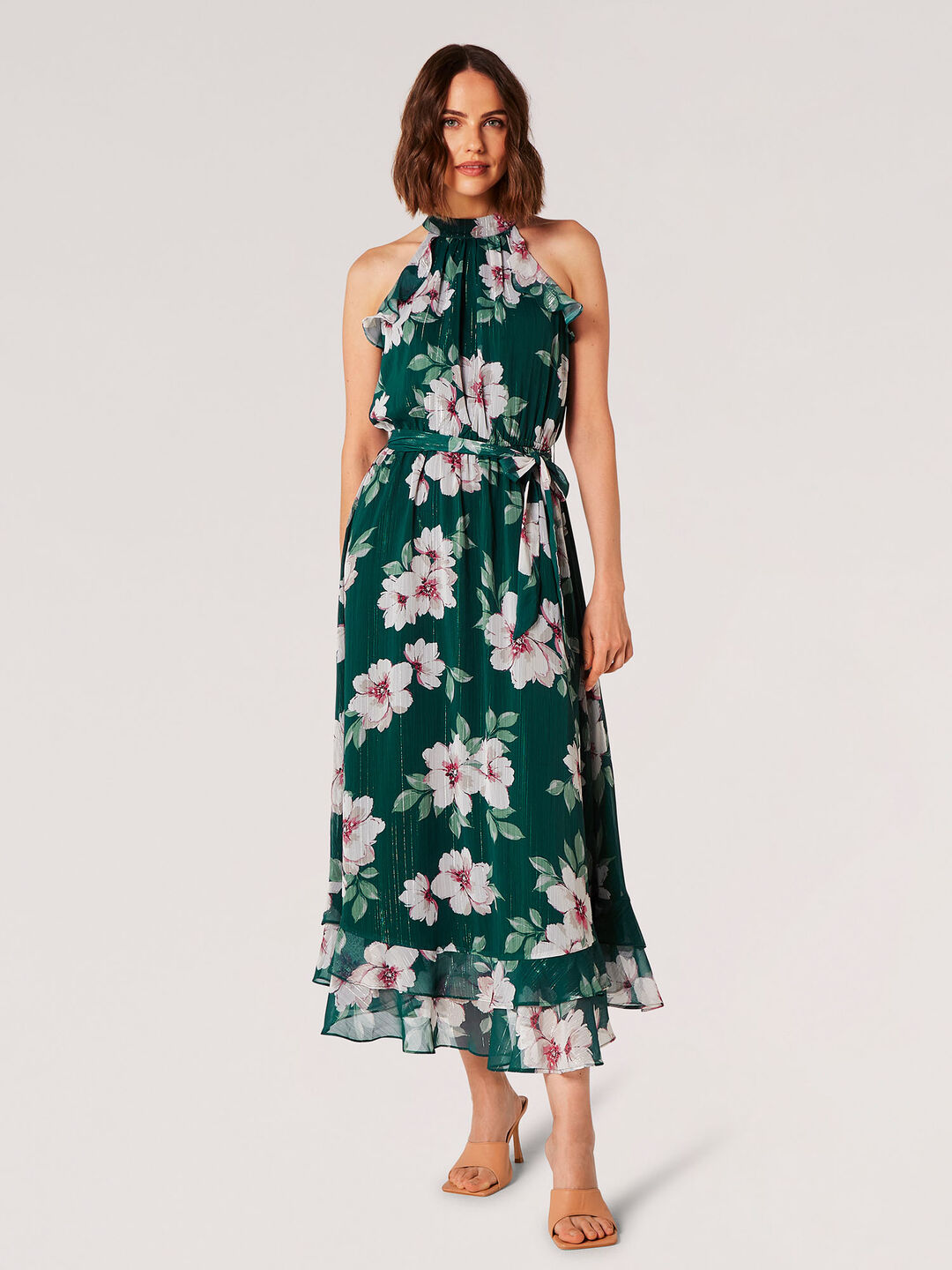 Image of Painterly Floral Shimmer Midi Dress