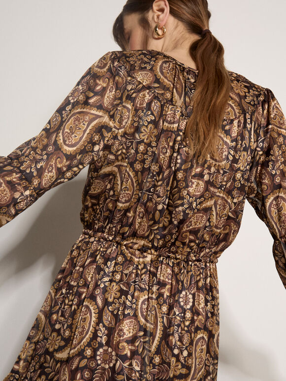 Satin Shimmer Paisley Midi Dress, Black, large