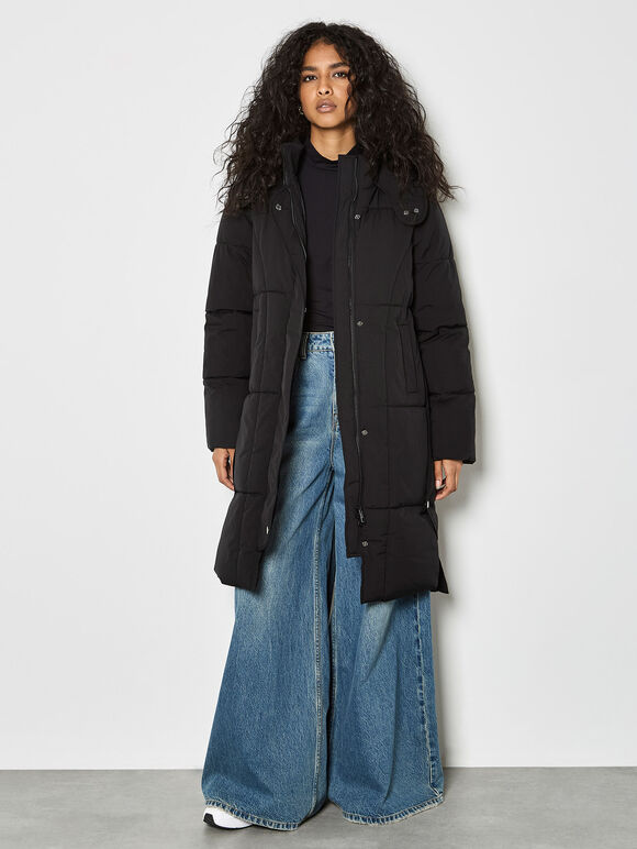 Longline Padded Puffer Coat, Black, large