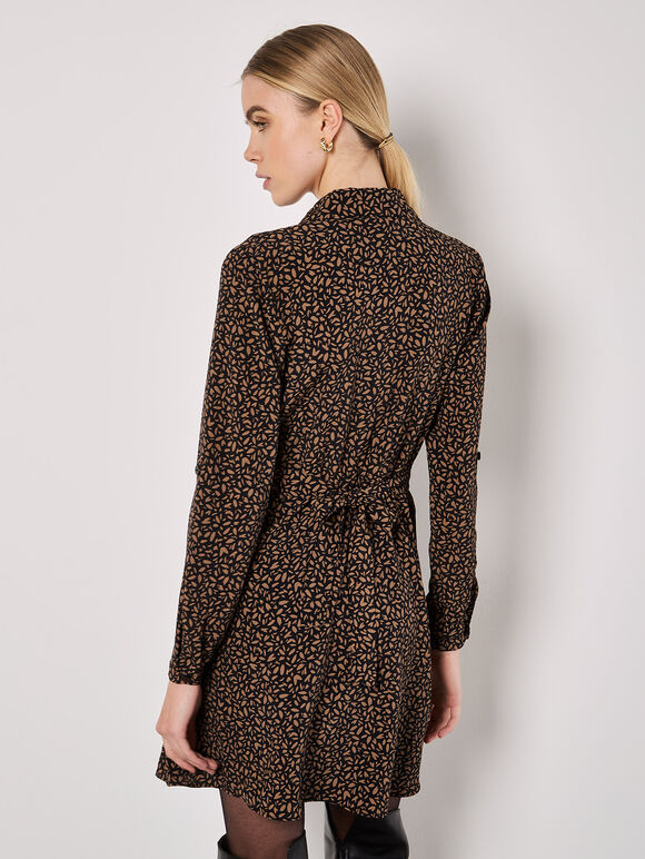 Petal Print Belted Shirt Mini Dress, Brown, large