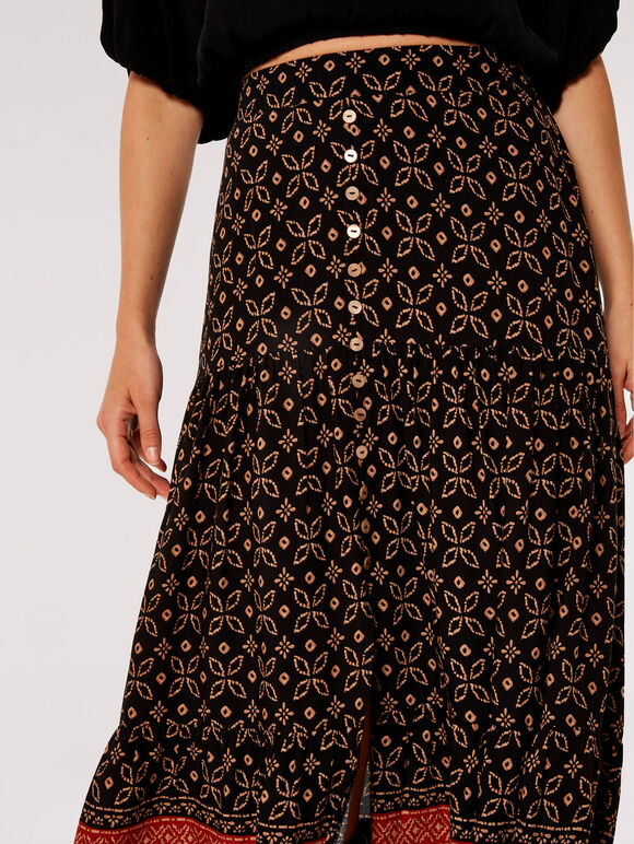 Batik Floral Border Midi Skirt , Black, large