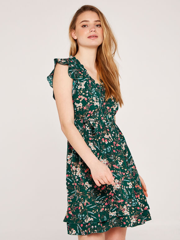 Botanical Ditsy Ruffle Dress, Green, large