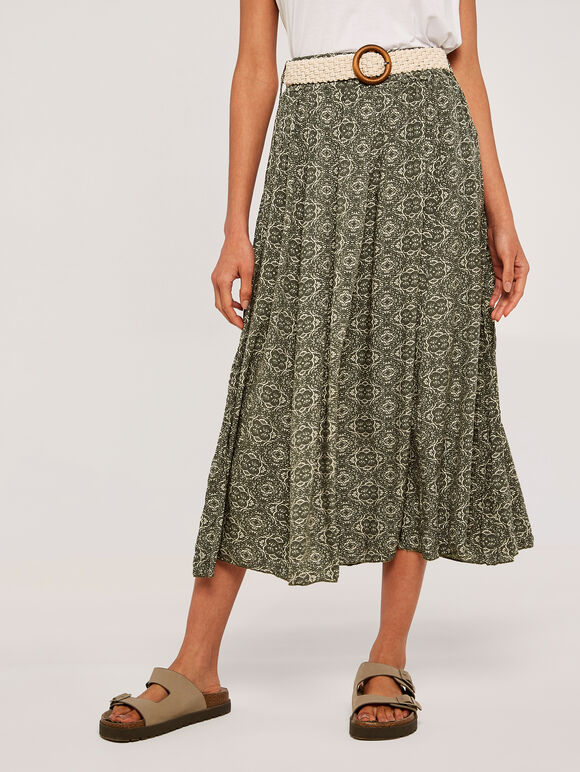 Belted Mosaic Midi Skirt , Khaki, large