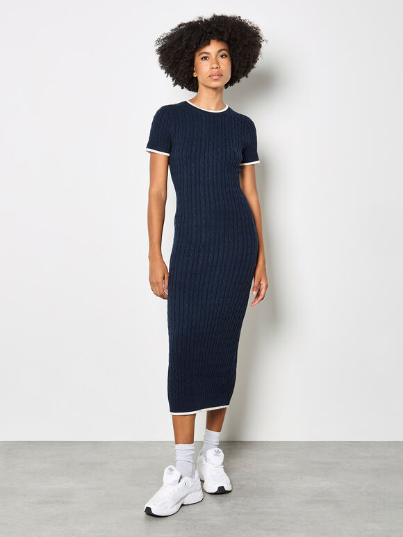 Cable Knit Contrast Trim Midi Dress, Navy, large