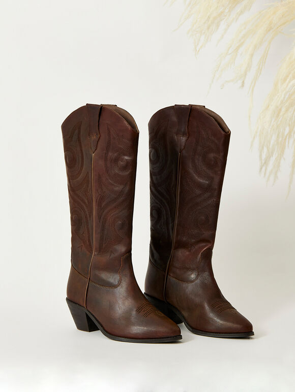 Brown Cowboy Leather Boots, Brown, large