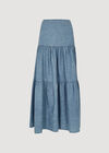 Cotton Denim Tiered Maxi Skirt, Blue, large