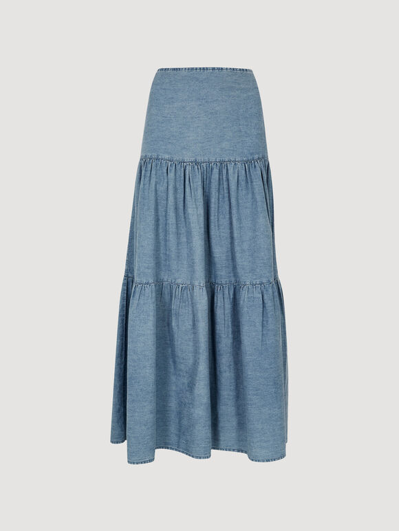 Cotton Denim Tiered Maxi Skirt, Blue, large