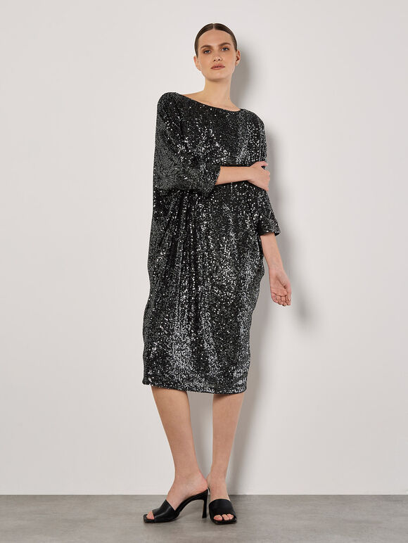 Sequin Cocoon Midi Dress, Dark Grey - Charcoal, large