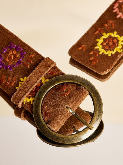 Tan Floral Embroidered Belt