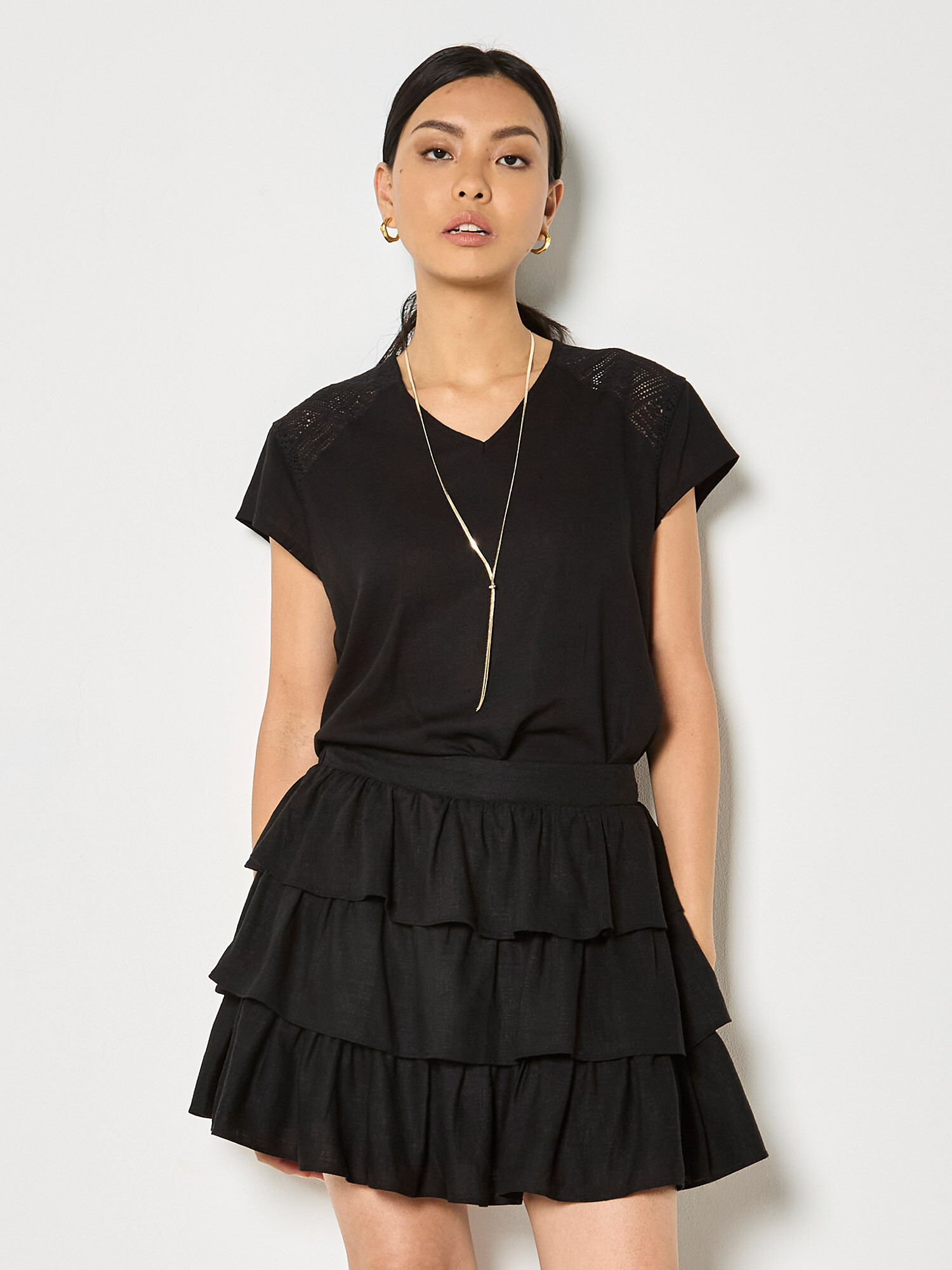 Linen Blend Ruffle Tiered Mini Skirt | Apricot Clothing