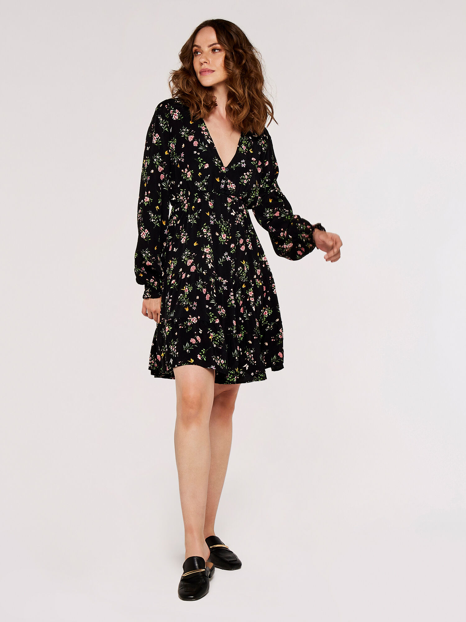 Apricot black floral dress 2025