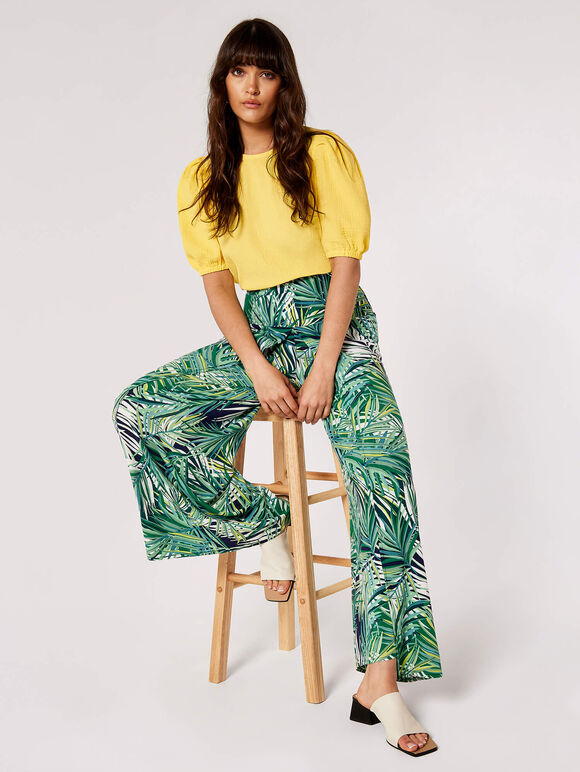 Palm Print Wrap Trousers, Navy, large
