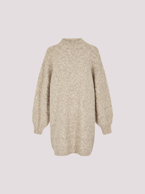 Flecked Knit Jumper Mini Dress, Stone, large