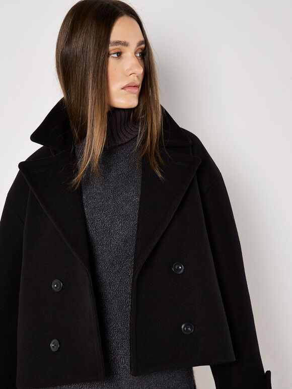Double Breasted Pea Coat, Black, large