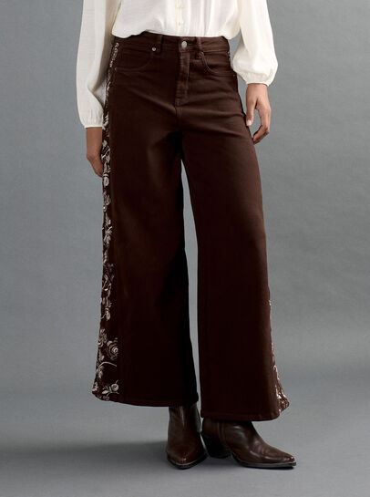 Floral Embroidered Wide-Leg Jeans