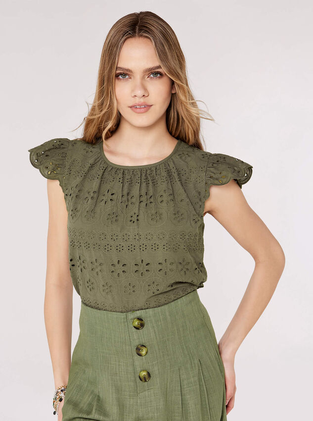 Broderie Anglaise Top, Khaki, large