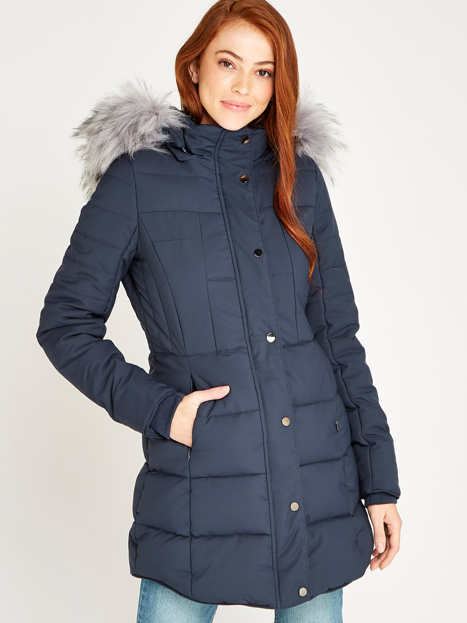 Navy Faux Fur Hood Puffer Coat Apricot Clothing