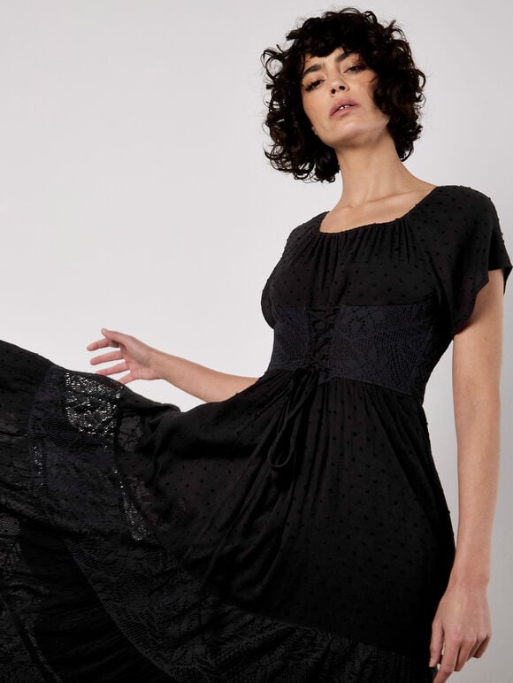 Lace Detail Corset Maxi Dress, Black, large