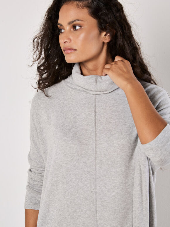 Roll Neck Soft Touch Oversized Top, Grey, large