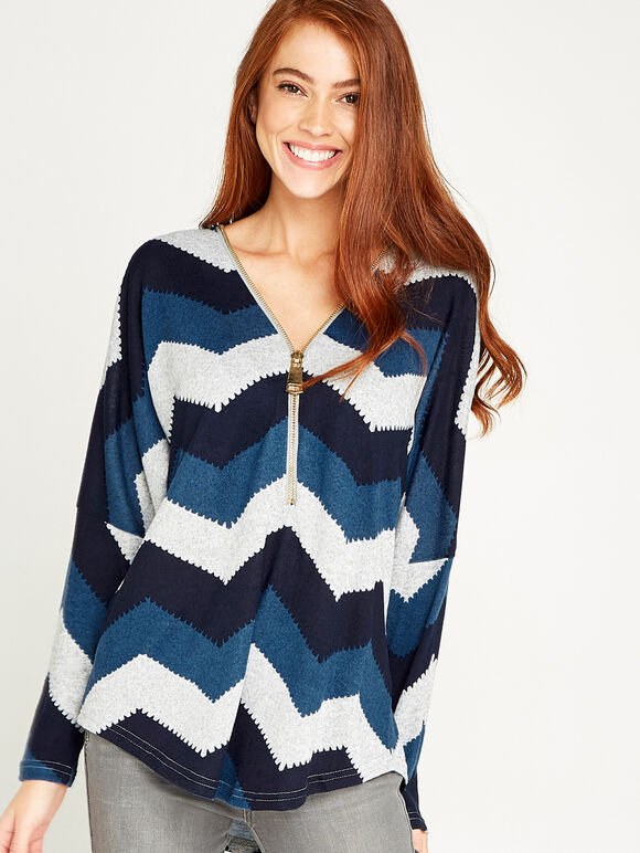 Blue Chevron Big Zipper Top, Blue, large