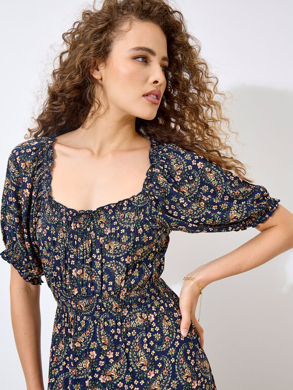 Floral Paisley Milkmaid Maxi Dress, Navy, large