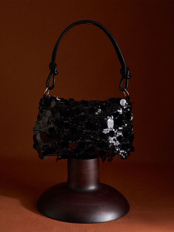 Sequinned Shoulder Bag, Black, large