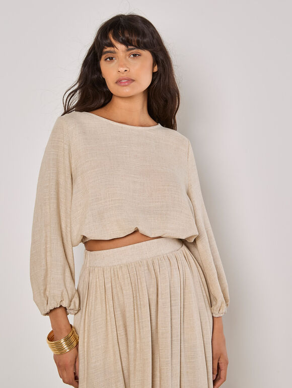 Linen Blend Bubble Hem Crop Top, Stone, large