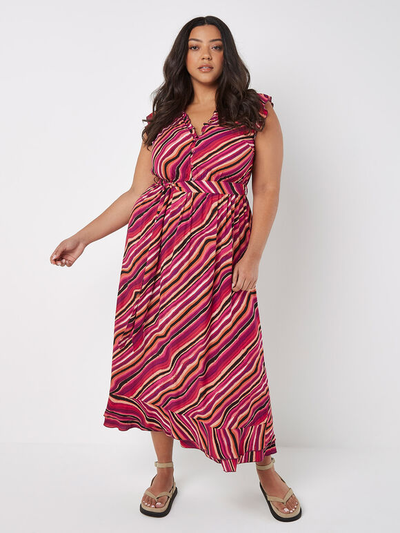 Curve Retro Wave Ruffle Maxi Dress, Pink, large