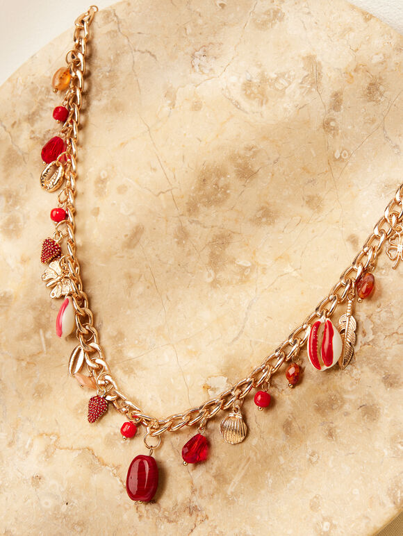 Gold Tone Layered Red Bead Charm Necklace, Red, large