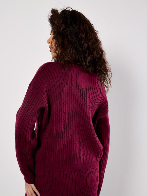 Fine Knit Cable Jumper, Burgundy, large