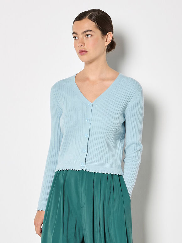 Ribbed Knit Scalloped Cardigan, Blue, large