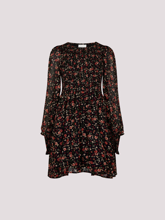 Ditsy Floral Smocked Mini Dress, Burgundy, large