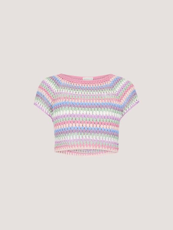 Hand-Crocheted Stripes Crop Top, Pink, large