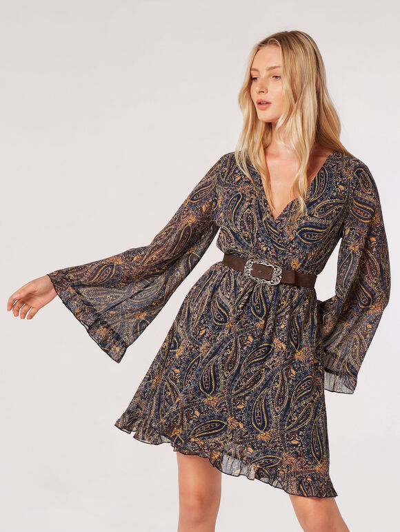 Paisley Bell Sleeve Wrap Mini Dress, Navy, large