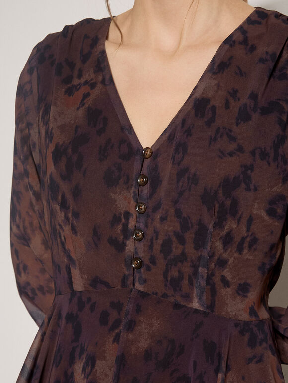 Leopard Print Chiffon Midi Dress, Brown, large