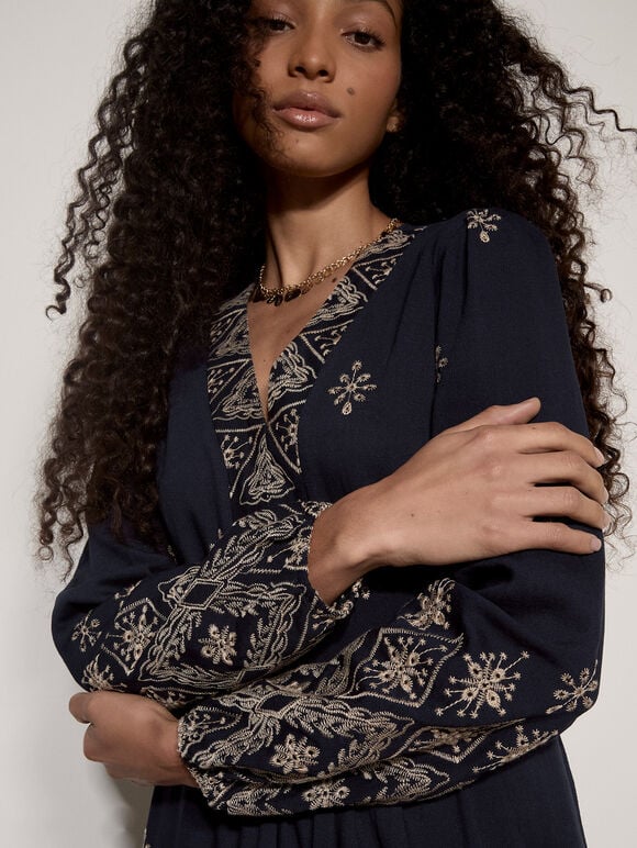 Boho Embroidered Maxi Dress, Navy, large